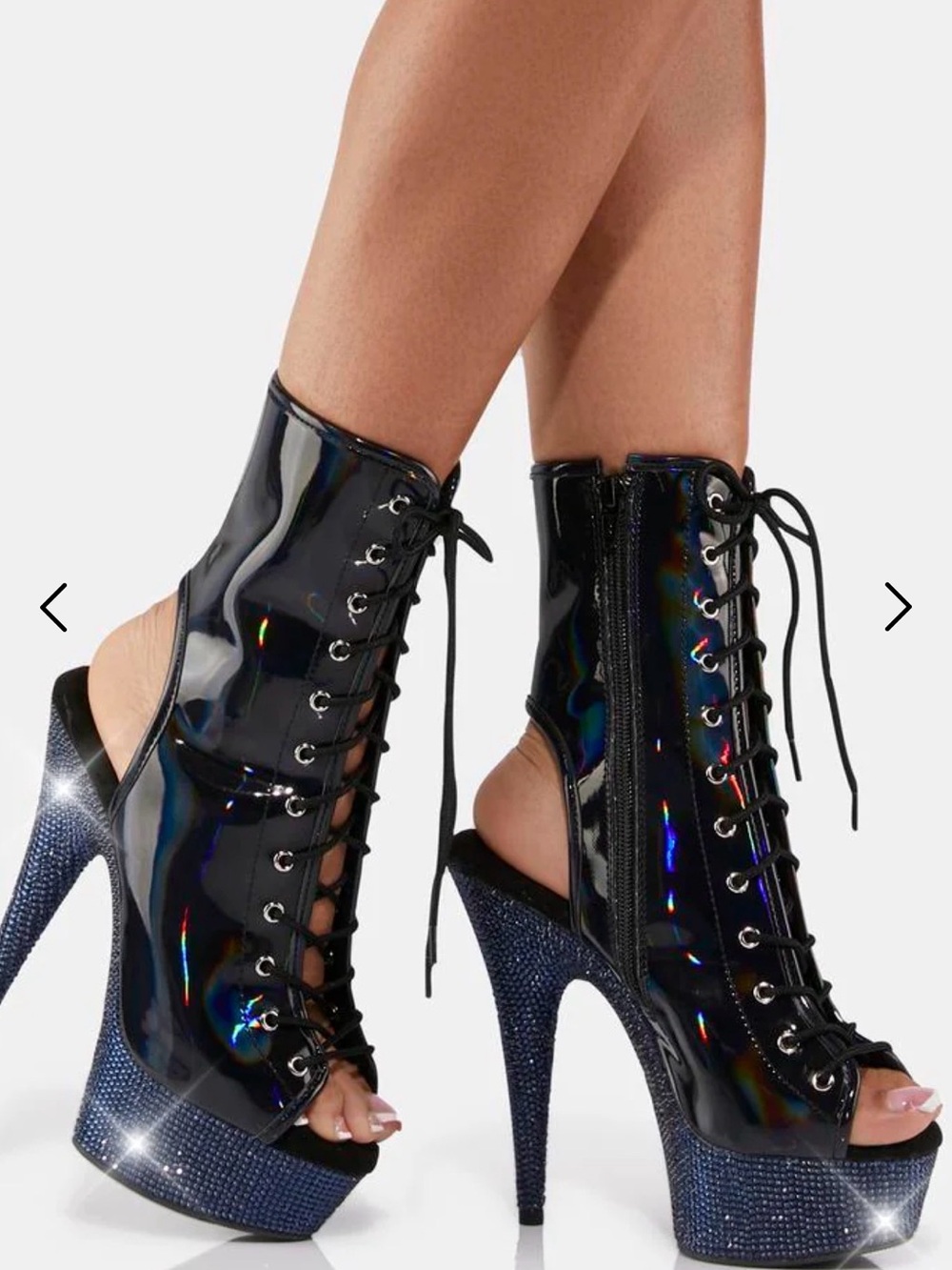 Pleaser Holographic Black Platform Rhinestone Lace-Up Boots sz 12 read post - Picture 16 of 16